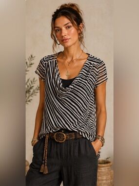 Worthington XL Black White Striped Cowl Neck Blouse Sheer Layered Career Top